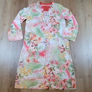 💚Island Shop Cream & Multicolored Tropical Hawaiian Print Tunic Small
